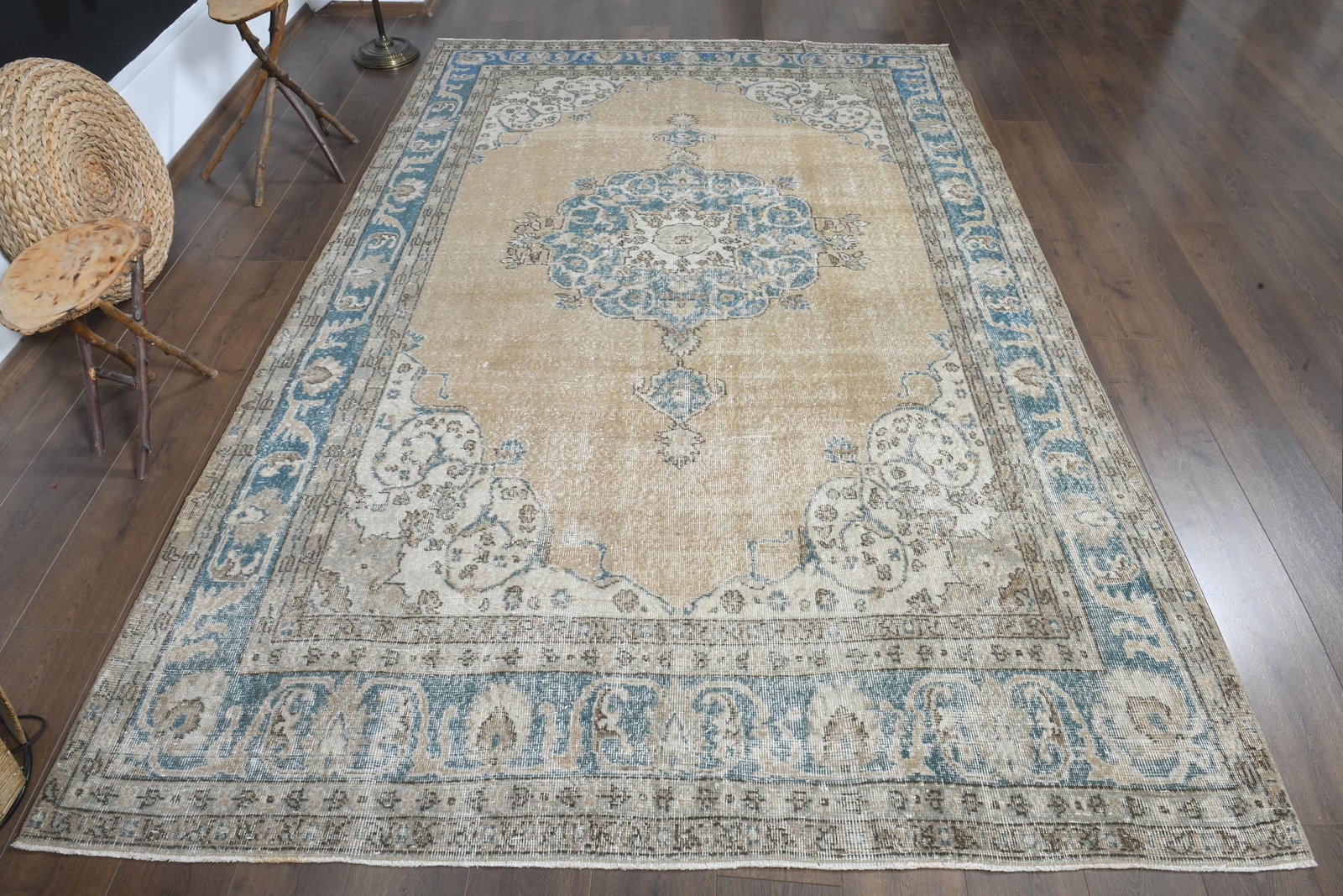 6'8x10'3 ft, ORANGE TURKISH RUG: Title: 6'8x10'3 ft, ORANGE TURKISH RUG Description: This Turkish one-of-a-kind Vintage Turkish Rug is hand-knotted and handwoven by the most skilled artisans who use pure wool, in muted, natural