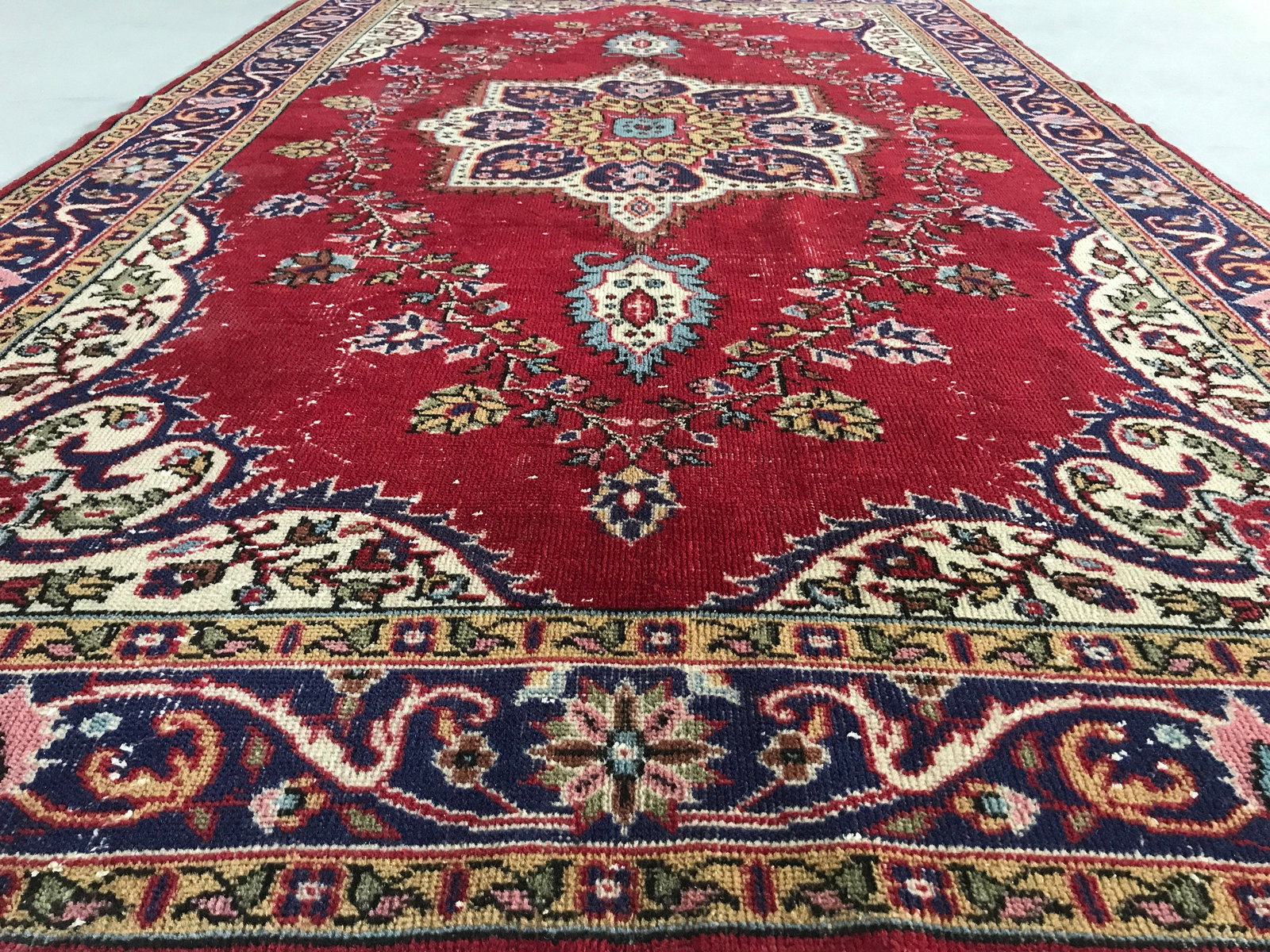5.7x9.5 ft, RED TURKISH RUG, Vintage Oushak: Title: 5.7x9.5 ft, RED TURKISH RUG, Vintage Oushak Description: This Turkish one-of-a-kind Vintage Turkish Rug is hand-knotted and handwoven by the most skilled artisans who use pure wool, in muted,