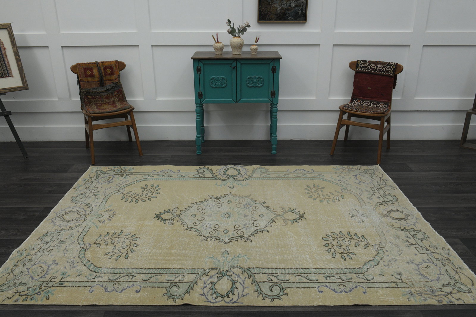 6x8 Orange Green TURKISH Rug: Title: 6x8 Orange Green TURKISH Rug Description: This Turkish one-of-a-kind Vintage Turkish Rug is hand-knotted and handwoven by the most skilled artisans who use pure wool, in muted, natural tones, a