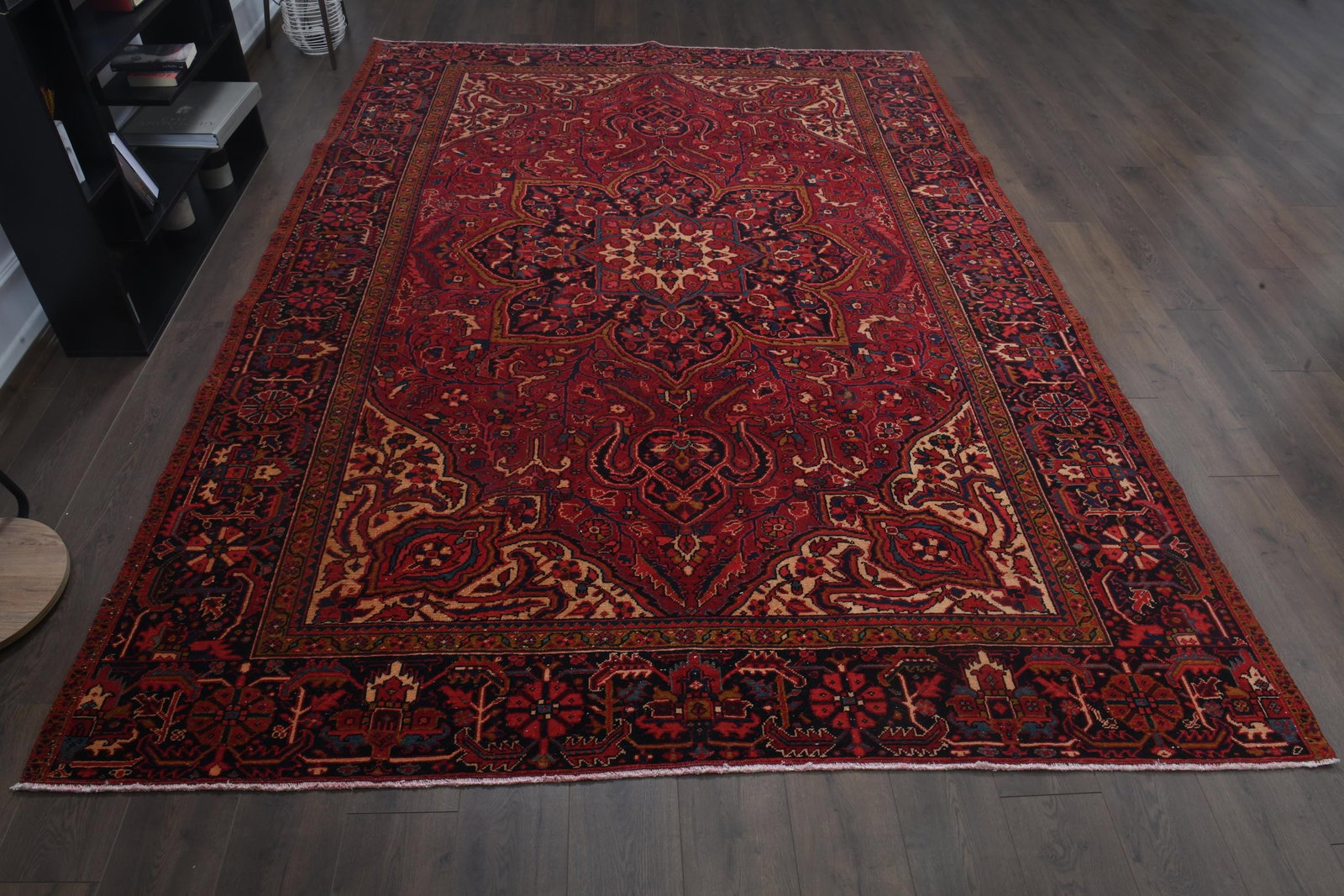 7'9x11'1 ft, ANTIQUE PERSIAN RUG, Red Blue Beige Rug: Title: 7'9x11'1 ft, ANTIQUE PERSIAN RUG, Red Blue Beige Rug Description: This Turkish one-of-a-kind Vintage Turkish Rug is hand-knotted and handwoven by the most skilled artisans who use pure wool, in