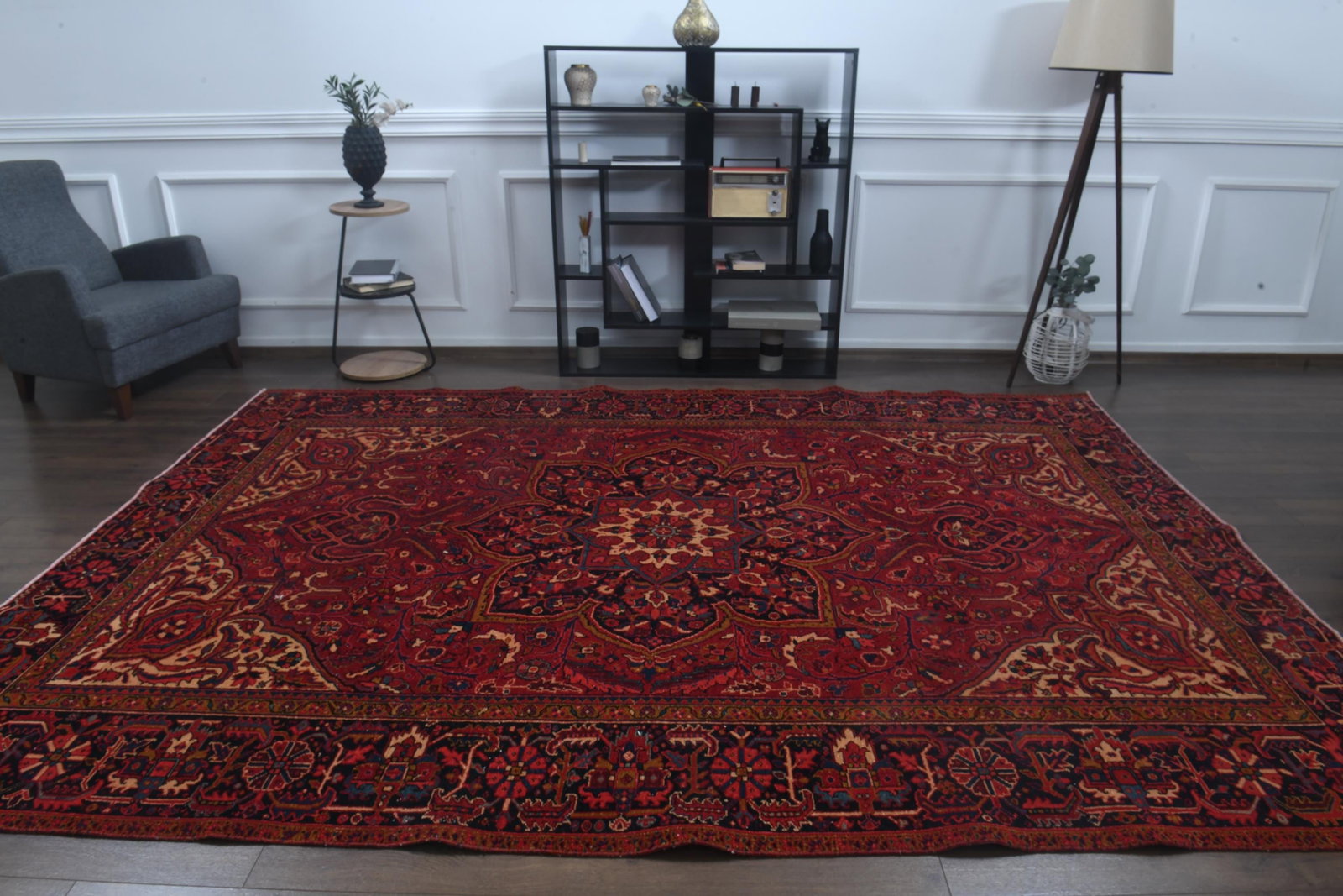 7'9x11'1 ft, ANTIQUE PERSIAN RUG, Red Blue Beige Rug - 9