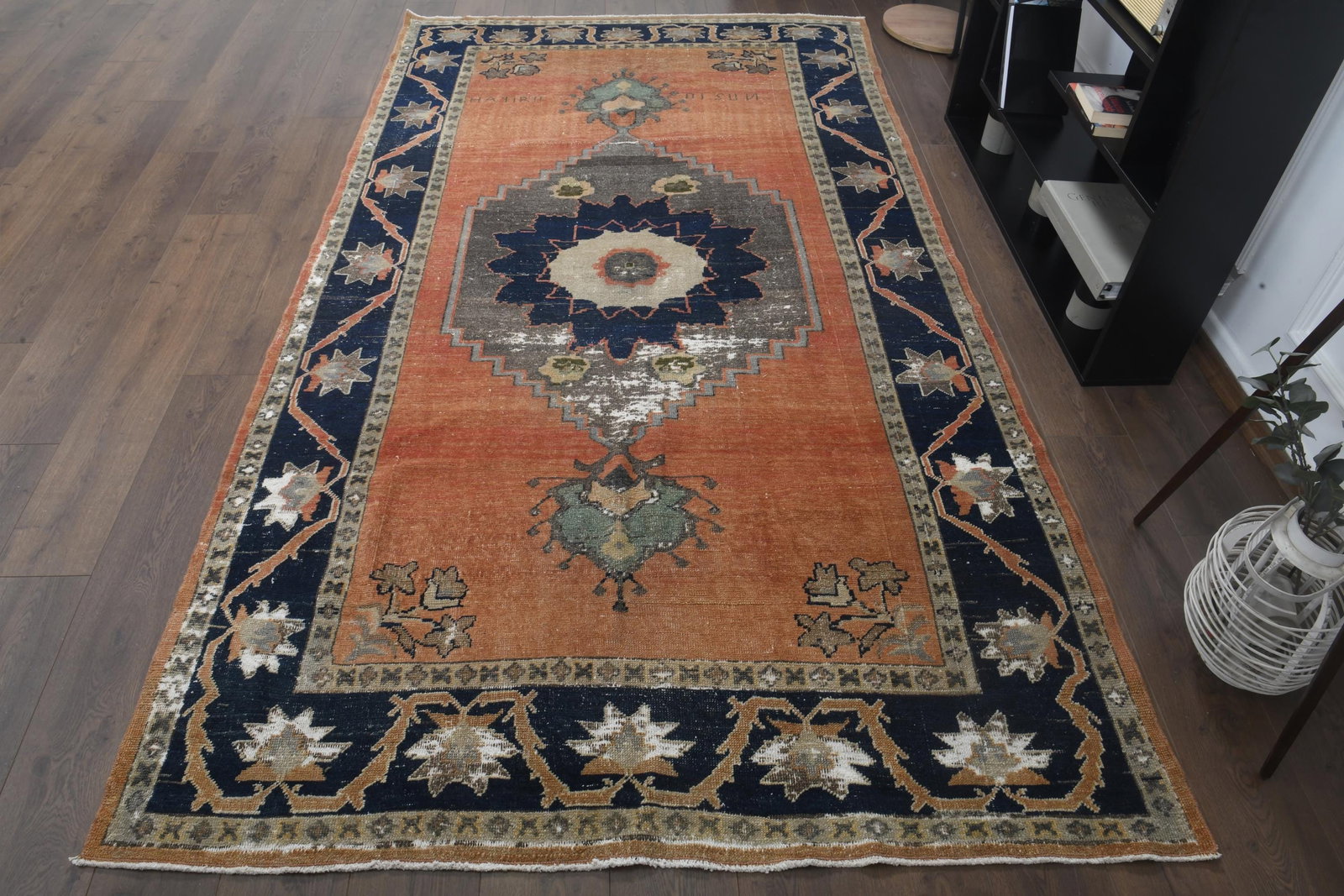 7'1x9'8 ft, ORANGE BLUE RUG, Boho Chic, Turkish: Title: 7'1x9'8 ft, ORANGE BLUE RUG, Boho Chic, Turkish Description: This Turkish one-of-a-kind Vintage Turkish Rug is hand-knotted and handwoven by the most skilled artisans who use pure wool, in