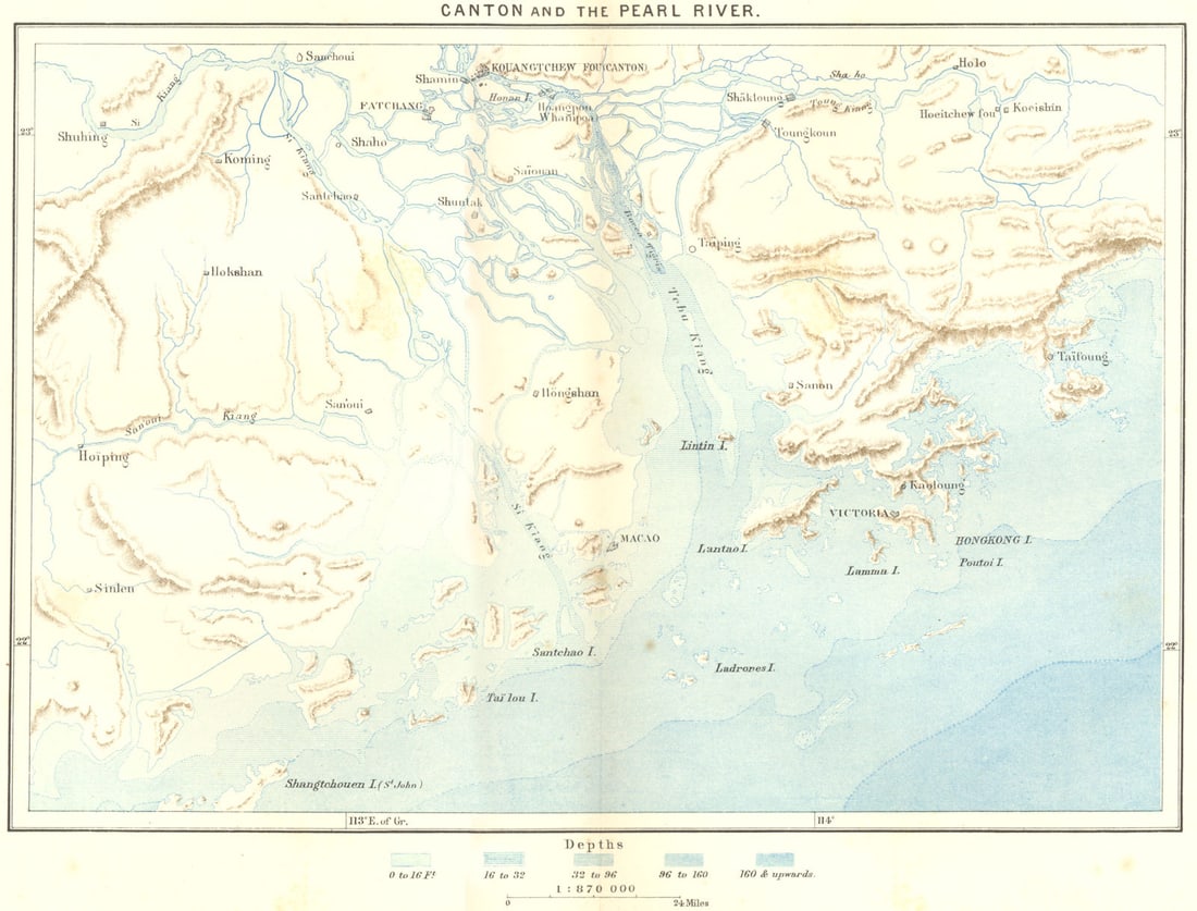 CHINA. Canton & Pearl river Hong Kong Macao c1885 old antique map plan chart: Title: CHINA. Canton & Pearl river Hong Kong Macao c1885 old antique map plan chart Description: Canton and the Pearl river' by Reclus, Élisée. Published c1885. Antique coloured engraved map