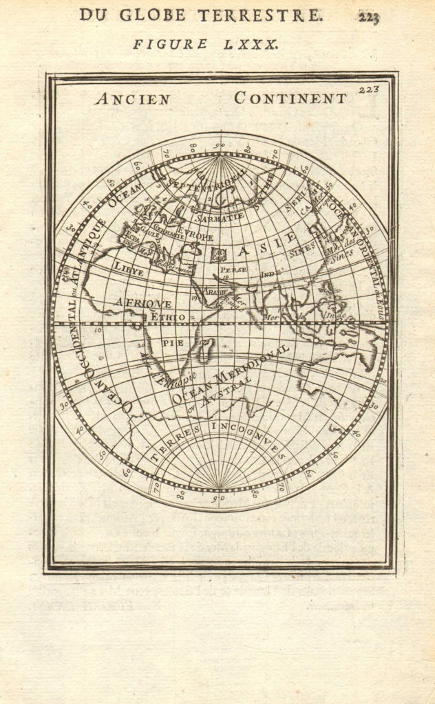 EASTERN HEMISPHERE. Shows incomplete Australian coastline. MALLET 1683 old map: Title: EASTERN HEMISPHERE. Shows incomplete Australian coastline. MALLET 1683 old map Description: Ancien Continent' (Du Globe Terrestre). Partial outline of Terra Australis, the hypothesised southern
