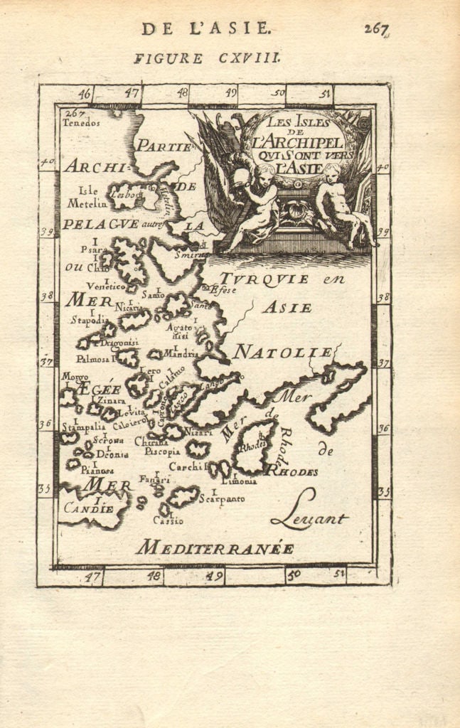 AEGEAN islands on the Asian/Eastern/Turkish side. Greece/Turkey. MALLET 1683 map: Title: AEGEAN islands on the Asian/Eastern/Turkish side. Greece/Turkey. MALLET 1683 map Description: Les Isles de l'archipel qui sont vers l'Asie' (De L'Asie). The maps shows the western coast of Turk