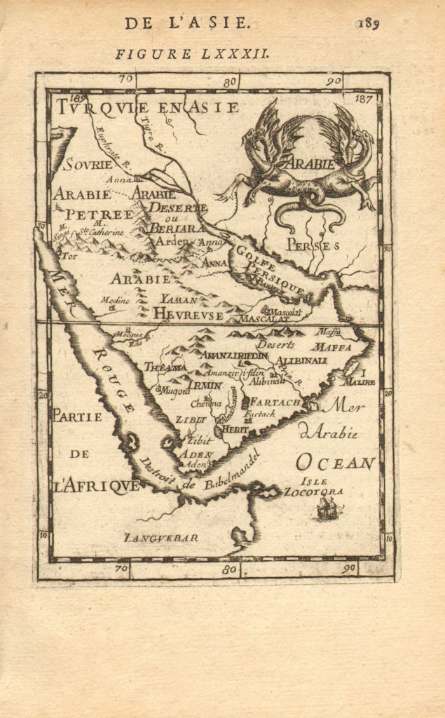 ARABIA. Bahrain UAE Mecca Medina Oman Qatar 'Arabie'. MALLET 1683 old map: Title: ARABIA. Bahrain UAE Mecca Medina Oman Qatar 'Arabie'. MALLET 1683 old map Description: Arabie' (De L'Asie) by Mallet, Allain Manesson. Published 1683. Original 17th century copperplate map. Siz