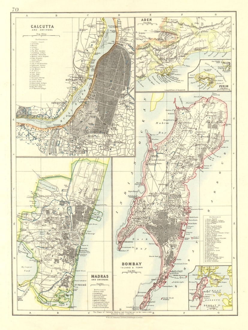 BRITISH INDIA CITIES. Calcutta Kolkata Madras Chennai Bombay Mumbai 1906 map: Title: BRITISH INDIA CITIES. Calcutta Kolkata Madras Chennai Bombay Mumbai 1906 map Description: Calcutta, Madras, Bombay, Aden & Perim' by Johnston, W & AK. Published 1906. Colour antique map. Si