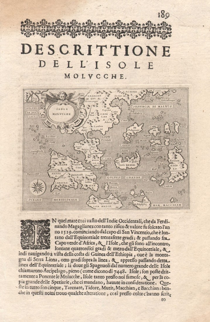 Descrittione dell' Isole Molucche. PORCACCHI. East Indies & Indochina 1620 map: Title: "Descrittione dell' Isole Molucche". PORCACCHI. East Indies & Indochina 1620 map Description: Descrittione dell' Isole Molucche [Description of the Molucca (Maluku) Islands]. The map depicts th