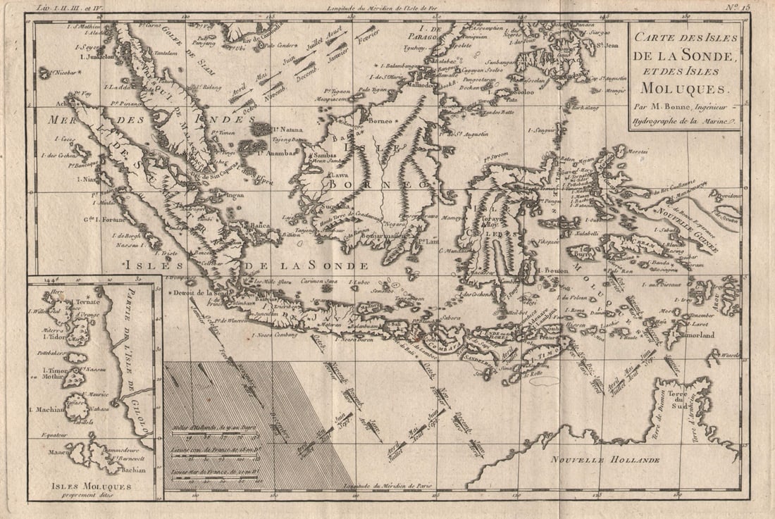 Carte des Isles de la Sonde et des Isles Moluques. East Indies. BONNE 1780 map: Title: "Carte des Isles de la Sonde et des Isles Moluques". East Indies. BONNE 1780 map Description: Carte Des Isles De La Sonde, et des Isles Moluques'. A map of the East Indies, the Malay peninsula 
