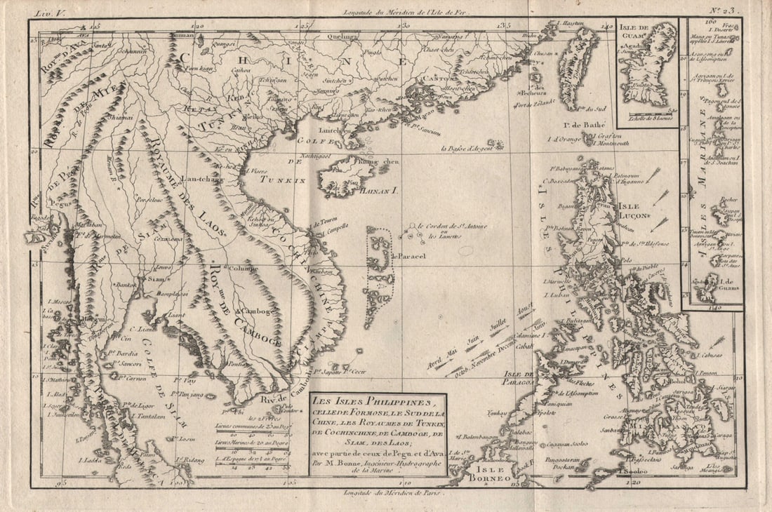 Les Isles Philippines, celle de Formose… Indochina S China sea. BONNE 1780 map: Title: "Les Isles Philippines, celle de Formose…" Indochina S China sea. BONNE 1780 map Description: Les Isles Philippines, celle de Formose, le Sud de la Chine, les Royamues de Tunkin, de Cochi