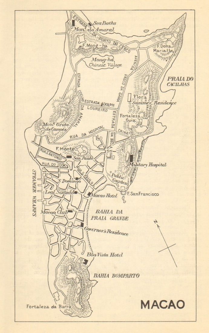 Macao antique town city sketch plan. China 1924 old map chart: Title: Macao antique town city sketch plan. China 1924 old map chart Description: Macao' by Japanese Government Railways. Published 1924. Antique town city sketch plan. Size 14 x 9 cm | 5.5 x 3.5 inch