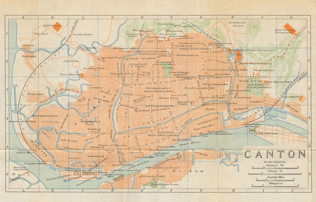 Canton'. Guangzhou antique town city plan. China 1924 old map chart (1 of 1)