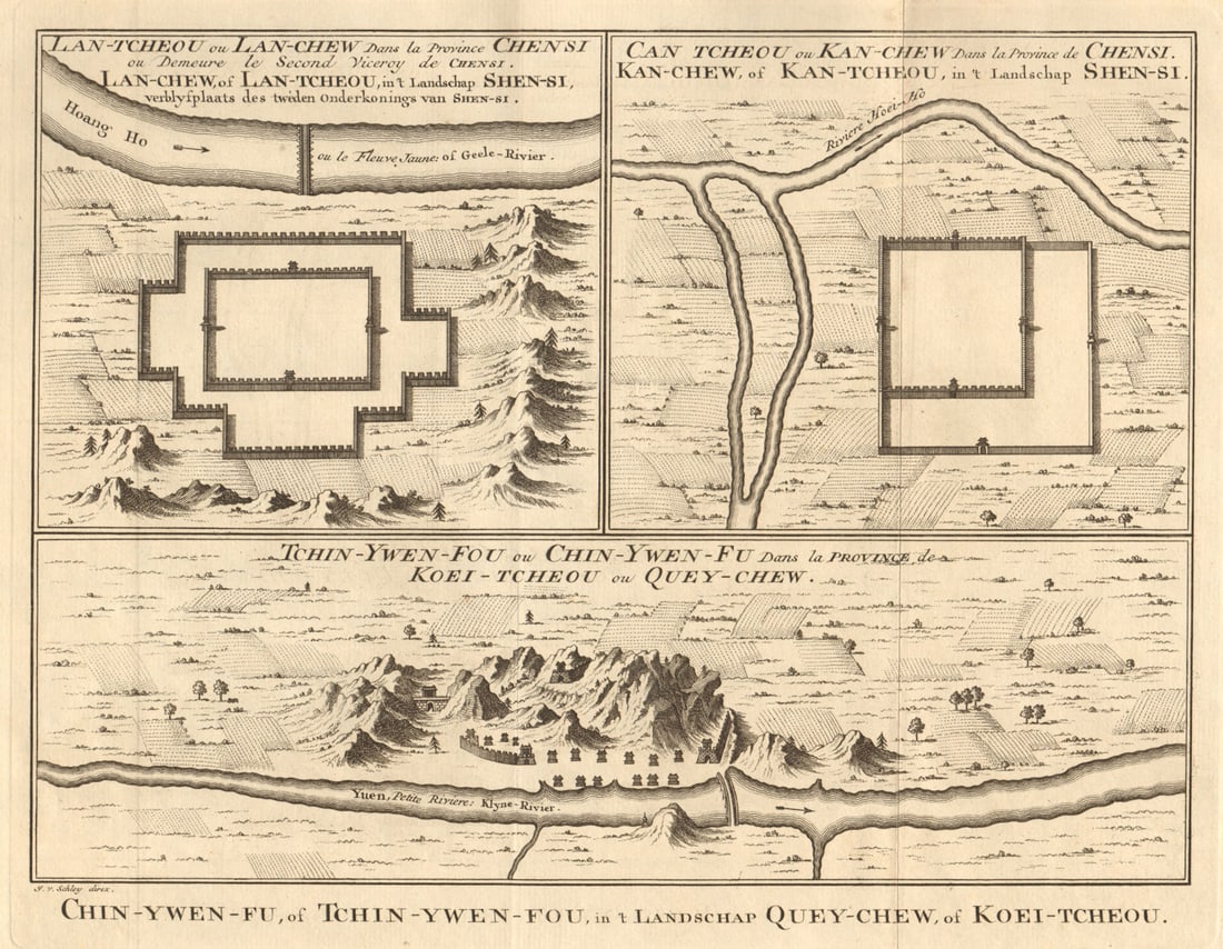 Lanzhou Shanxi. Zhangye Gansu. Zhenyuan Guizhou city plan BELLIN/SCHLEY 1749 map: Title: Lanzhou Shanxi. Zhangye Gansu. Zhenyuan Guizhou city plan BELLIN/SCHLEY 1749 map Description: Lan-Tcheou, ou, Lan-chew, dans la Province de Chensi, où demeure le Second Viceroy de Chensi; 
