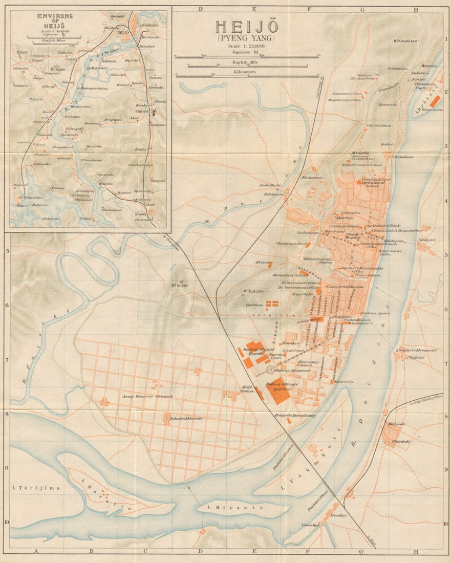 Heijo (Pyeng Yang)'. Pyongyang antique town city plan. North Korea 1913 map: Title: Heijo (Pyeng Yang)'. Pyongyang antique town city plan. North Korea 1913 map Description: Heijo (Pyeng Yang) [Pyongyang]. Environs of Heijo. Imperial Japanese Government Railways. Published 1913
