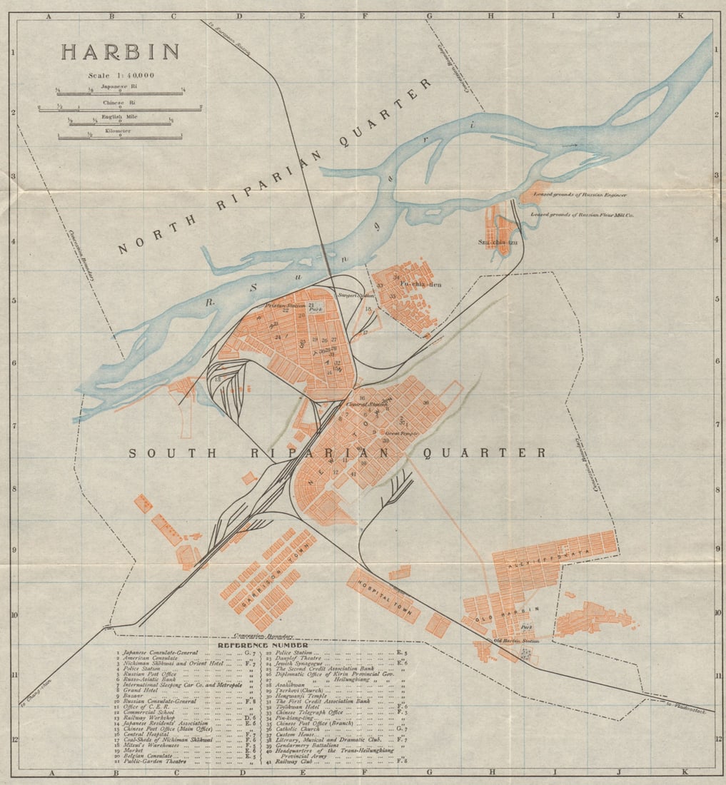 Harbin antique town city plan. Heilongjiang, China 1913 old map chart: Title: Harbin antique town city plan. Heilongjiang, China 1913 old map chart Description: Harbin'. Imperial Japanese Government Railways. Published 1913. Antique colour town city plan. Size 31 x 29 cm