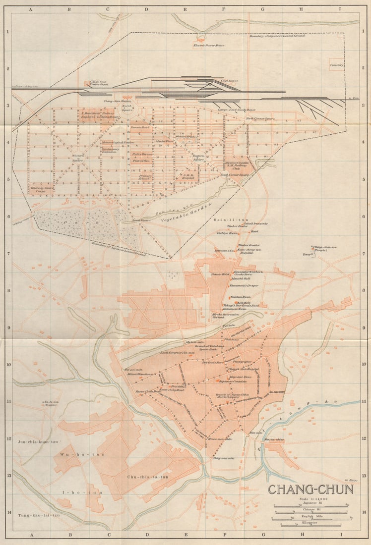 Changchun antique town city plan. Jilin, China 1913 old map chart: Title: Changchun antique town city plan. Jilin, China 1913 old map chart Description: Changchun'. Imperial Japanese Government Railways. Published 1913. Antique colour town city plan. Size 37 x 25 cm 