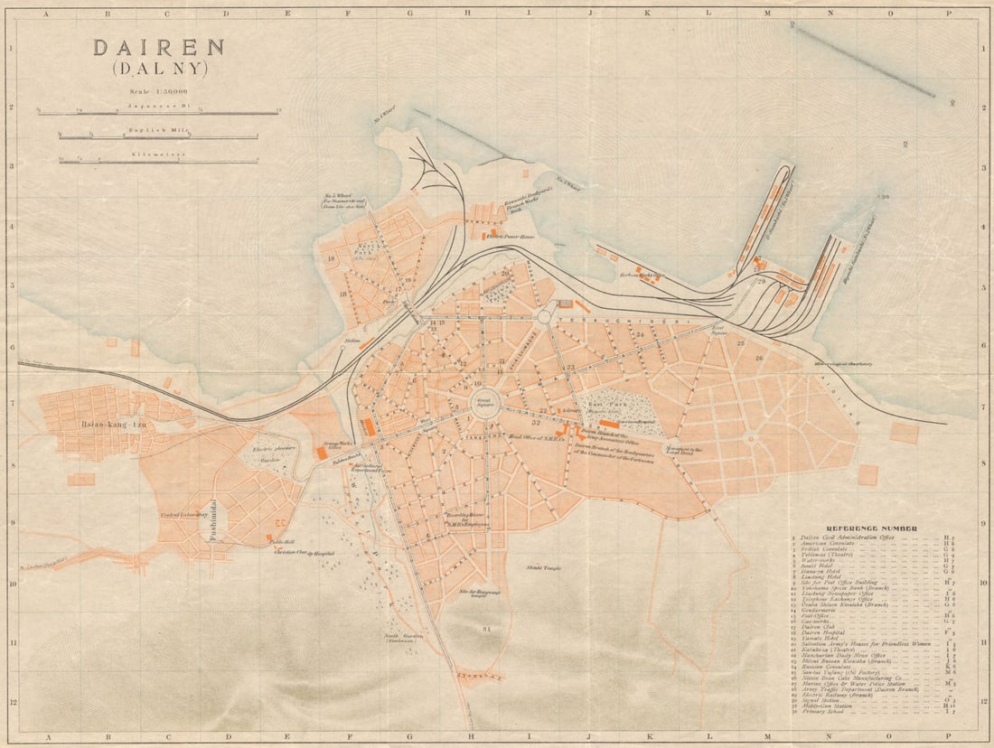 Dairen (Dalny)'. Dalian antique town city plan. Liaoning, China 1913 old map: Title: Dairen (Dalny)'. Dalian antique town city plan. Liaoning, China 1913 old map Description: Dairen (Dalny) [Dalian]. Imperial Japanese Government Railways. Published 1913. Antique colour town cit