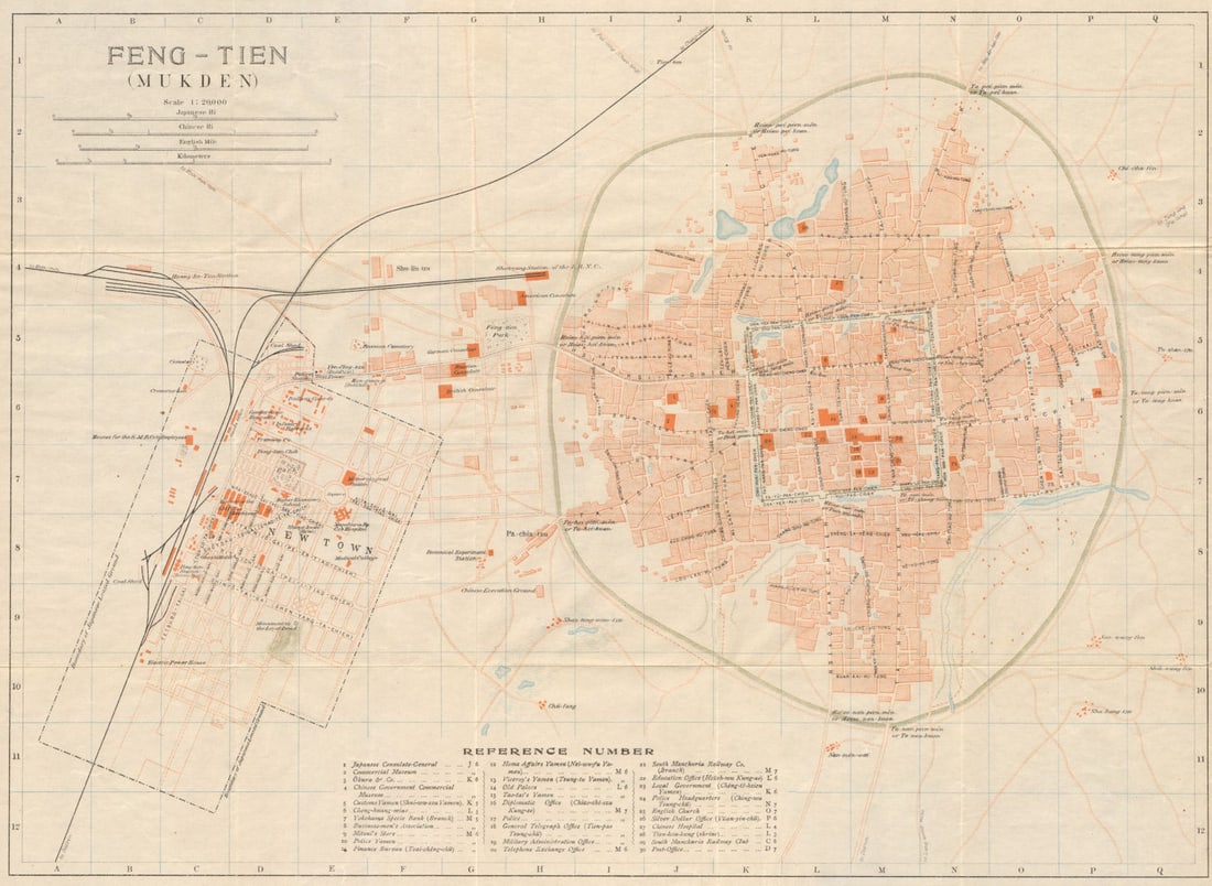 Feng-tien (Mukden)'. Shenyang antique town city plan. Liaoning, China 1913 map: Title: Feng-tien (Mukden)'. Shenyang antique town city plan. Liaoning, China 1913 map Description: Feng-tien (Mukden) [Shenyang]. Imperial Japanese Government Railways. Published 1913. Antique colour 
