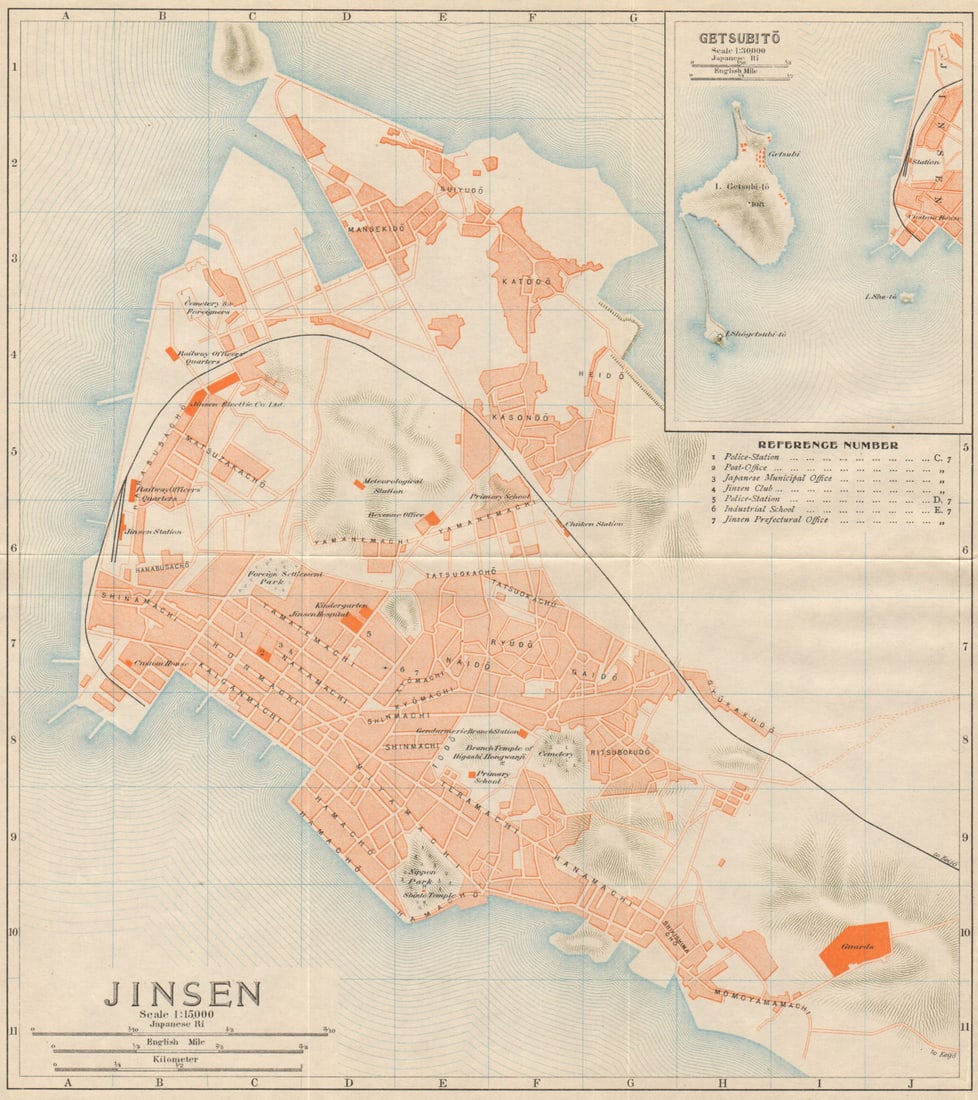 Jinsen [&] Getsubito'. Incheon antique town city plan. South Korea 1913 map: Title: Jinsen [&] Getsubito'. Incheon antique town city plan. South Korea 1913 map Description: Jinsen [or Chemulpo / Incheon] with Getsubito. Imperial Japanese Government Railways. Published 1913. An
