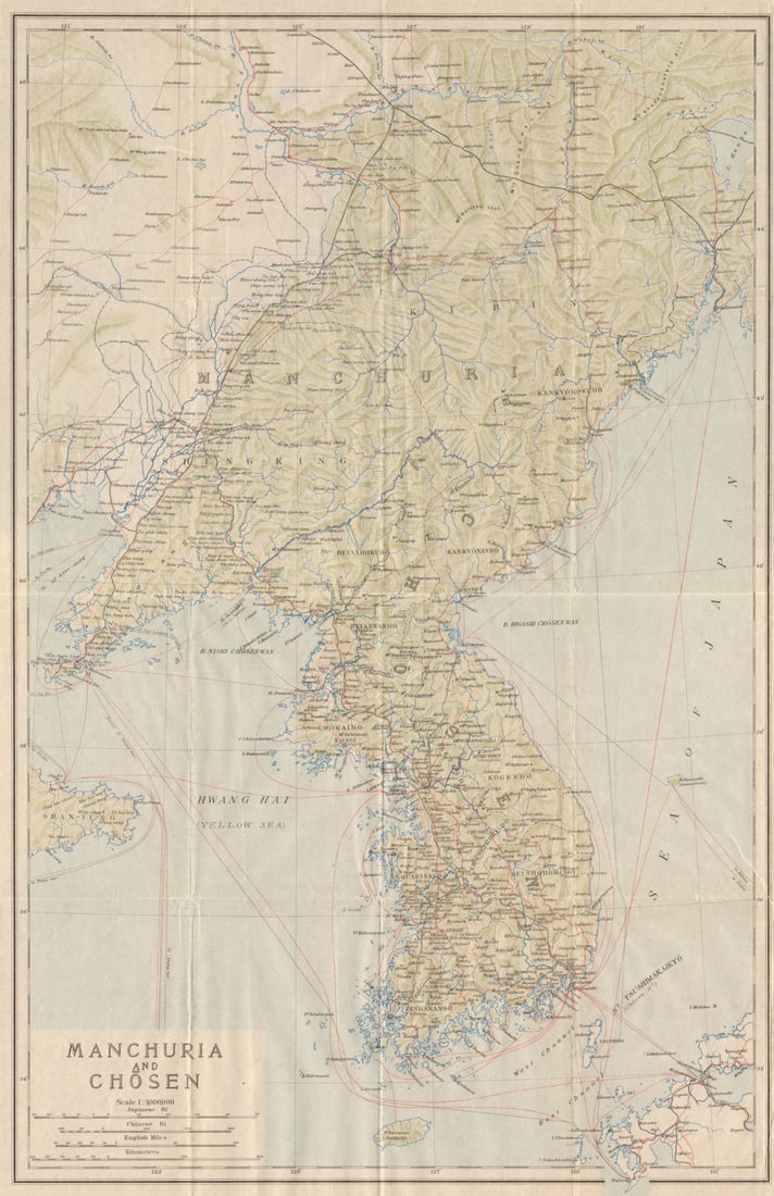 Manchuria and Chosen'. The Korean peninsula & North East China 1913 old map: Title: Manchuria and Chosen'. The Korean peninsula & North East China 1913 old map Description: Manchuria and Chosen [Korea]. Imperial Japanese Government Railways. Published 1913. Antique colour map.