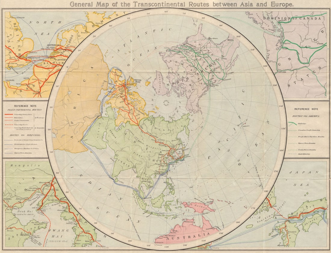 Sea & rail routes between Asia & Europe. Trans-Siberian railway 1913 old map: Title: Sea & rail routes between Asia & Europe. Trans-Siberian railway 1913 old map Description: General Map of the Trans-Continental Routes between Asia and Europe'. Imperial Japanese Government Rail