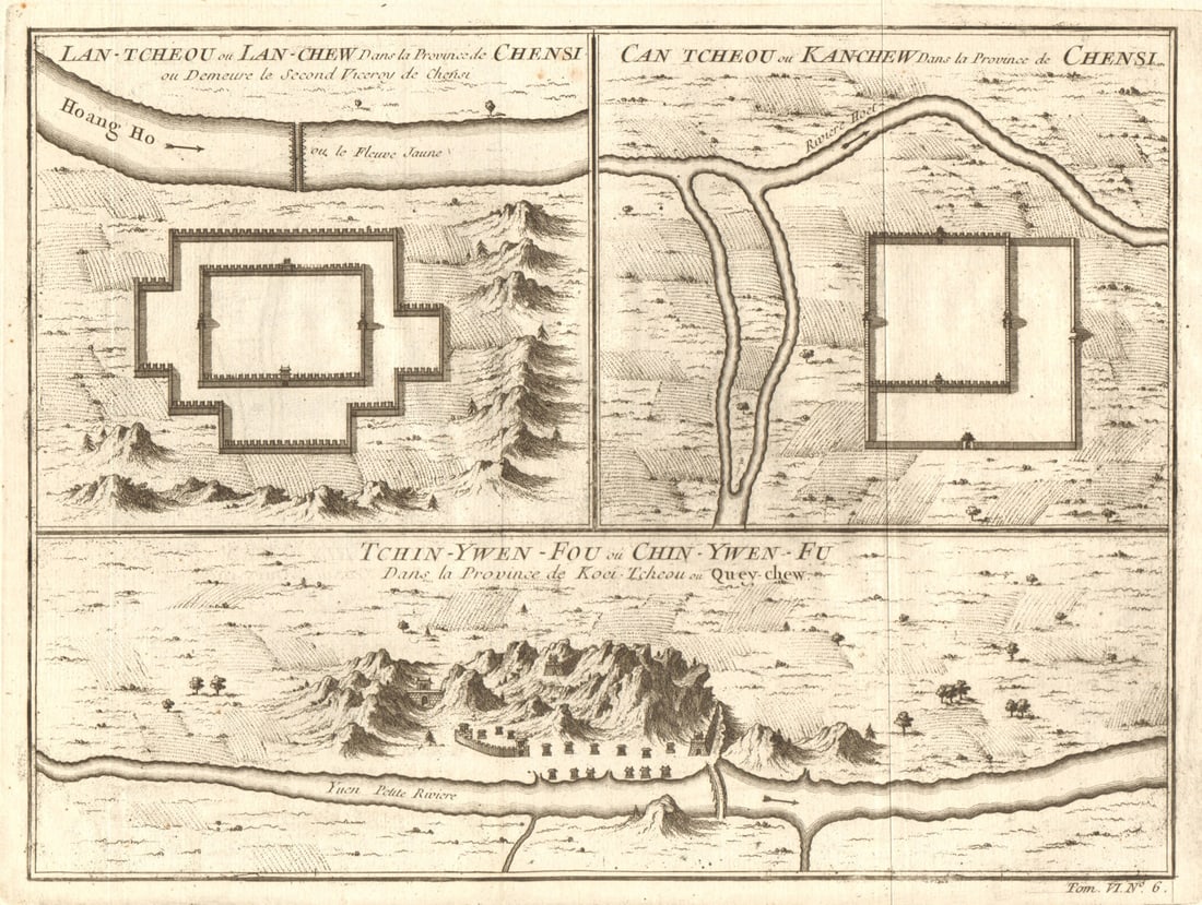 Lanzhou, Shanxi; Zhangye, Gansu & Zhenyuan, Guizhou city plans. BELLIN 1748 map: Title: Lanzhou, Shanxi; Zhangye, Gansu & Zhenyuan, Guizhou city plans. BELLIN 1748 map Description: Lan-Tcheou, ou, Lan-chew, dans la Province de Chensi, où demeure le Second Viceroy de Chensi; C