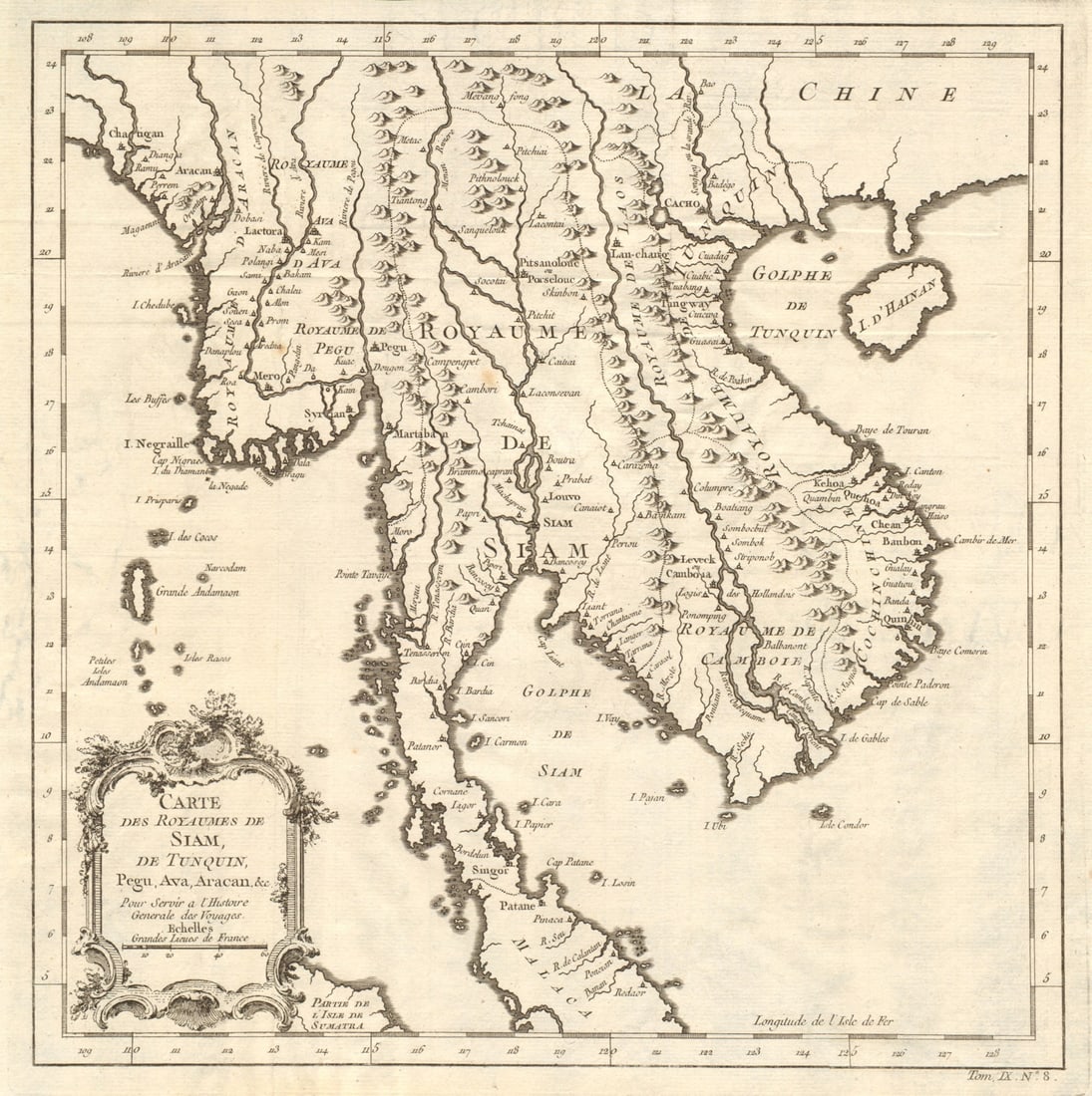 Royaumes de Siam, Tunquin, Pegu, Ava, Aracan'. Indochina. BELLIN 1751 old map: Title: Royaumes de Siam, Tunquin, Pegu, Ava, Aracan'. Indochina. BELLIN 1751 old map Description: Carte des Royaumes de Siam, de Tunquin, Pegu, Ava, Aracan, &c [Map of the kingdoms of Siam, Tonkin