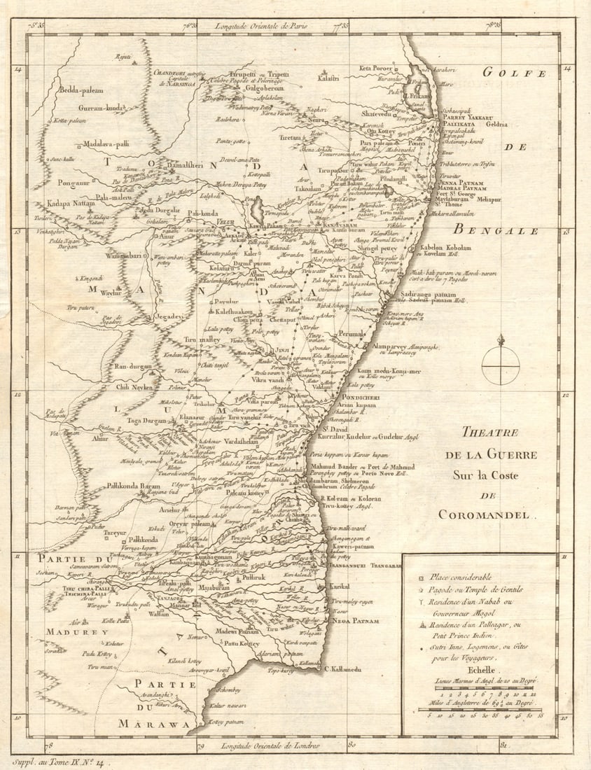 Thèatre de la guerre sur la Coste de Coromandel'. Tamil Nadu. BELLIN 1761 map: Title: Thèatre de la guerre sur la Coste de Coromandel'. Tamil Nadu. BELLIN 1761 map Description: Théâtre de la Guerre, sur la Coste de Coromandel [Theatre of War, on the Coromandel coa