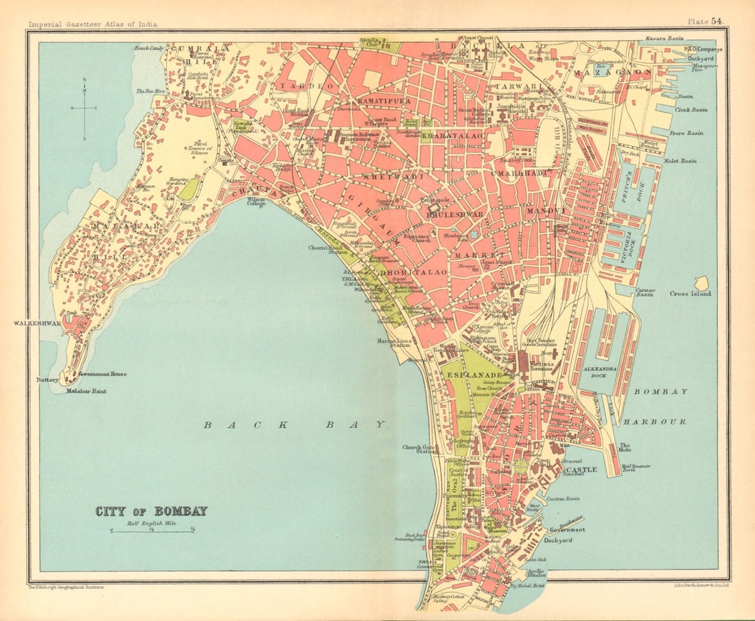 Bombay / Mumbai town city plan. Key buildings & docks. British India 1931 map: Title: Bombay / Mumbai town city plan. Key buildings & docks. British India 1931 map Description: City of Bombay' by Bartholomew, J. G.. Published 1931. Vintage colour gazetteer map. Size 21 x 26 cm |