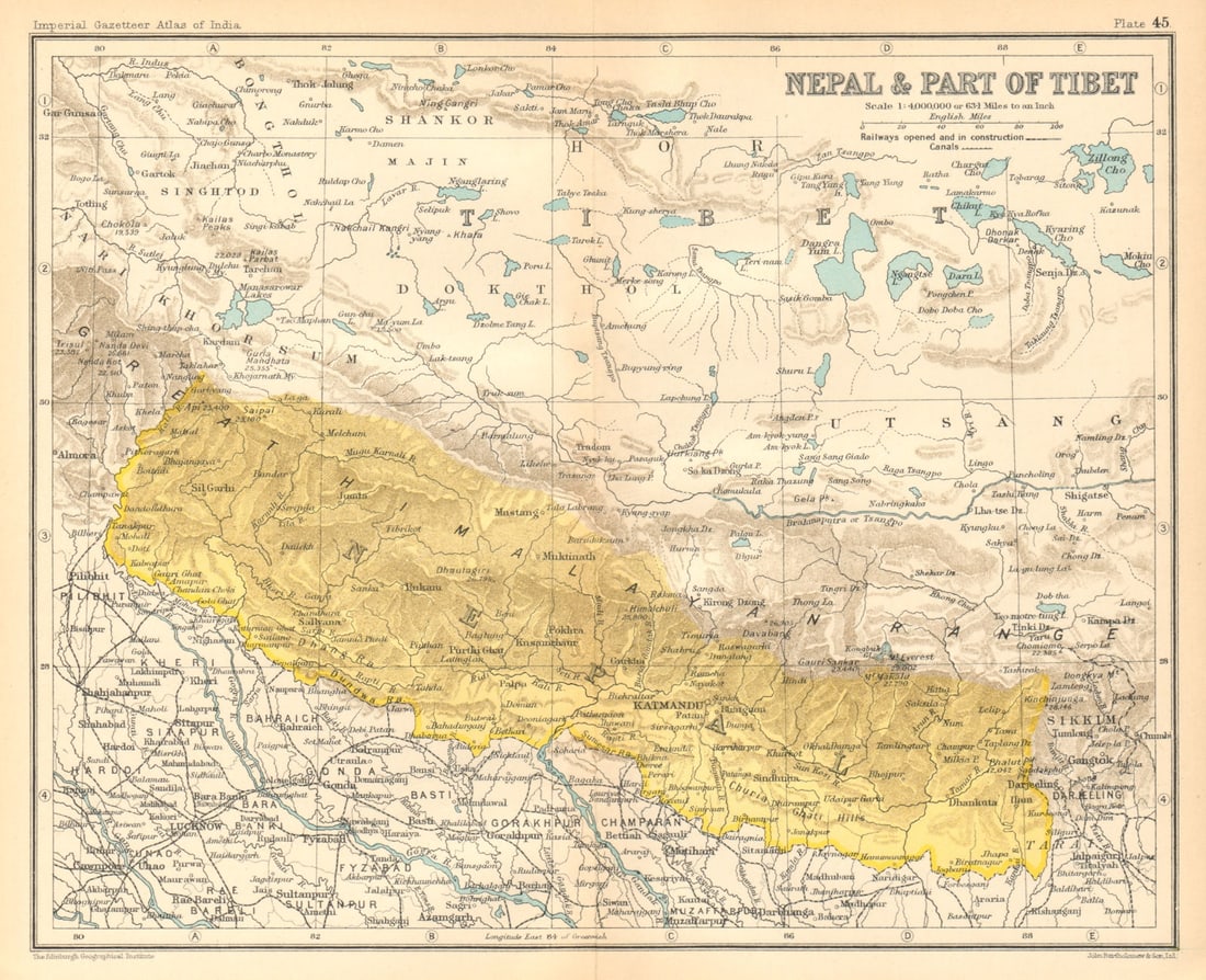 Nepal & part of Tibet. Himalayas. Kathmandu 1931 old vintage map plan chart: Title: Nepal & part of Tibet. Himalayas. Kathmandu 1931 old vintage map plan chart Description: Nepal & part of Tibet' by Bartholomew, J. G.. Published 1931. Vintage colour gazetteer map. Size 21 