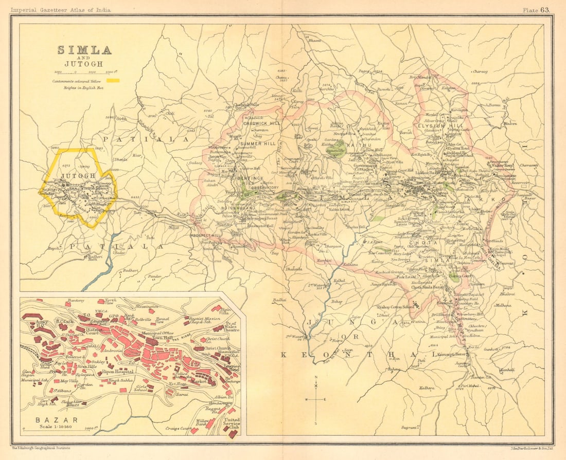 Simla / Shimla & Jutogh cantonment. Lakkar Bazaar. British India 1931 old map: Title: Simla / Shimla & Jutogh cantonment. Lakkar Bazaar. British India 1931 old map Description: Simla and Jutogh' by Bartholomew, J. G.. Published 1931. Vintage colour gazetteer map. Size 20 x 25 cm