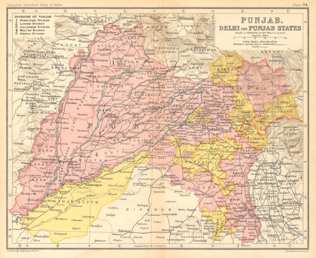 Punjab. British India/Pakistan province. Haryana Himachal Pradesh Delhi 1931 map: Title: Punjab. British India/Pakistan province. Haryana Himachal Pradesh Delhi 1931 map Description: Punjab, Delhi and Punjab States' by Bartholomew, J. G.. Published 1931. Vintage colour gazetteer ma