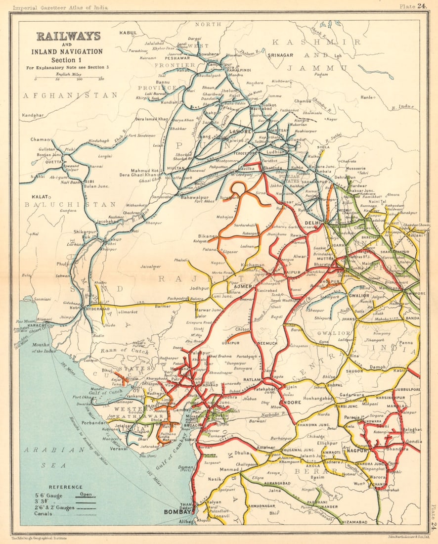 BRITISH INDIA RAILWAYS North-west. Pakistan Punjab Rajasthan Gujarat 1931 map: Title: BRITISH INDIA RAILWAYS North-west. Pakistan Punjab Rajasthan Gujarat 1931 map Description: Railways and inland navigation - Section 1' by Bartholomew, J. G.. Published 1931. Vintage colour gaze