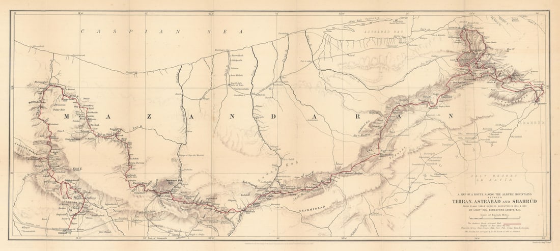 Alburz mountain route between Tehran, Astrabad & Shahrud. RGS/Lovett 1883 map: Title: Alburz mountain route between Tehran, Astrabad & Shahrud. RGS/Lovett 1883 map Description: A map of a route along the Alburz Mountains between Tehran & Astrabad and Shahrúd from plane 