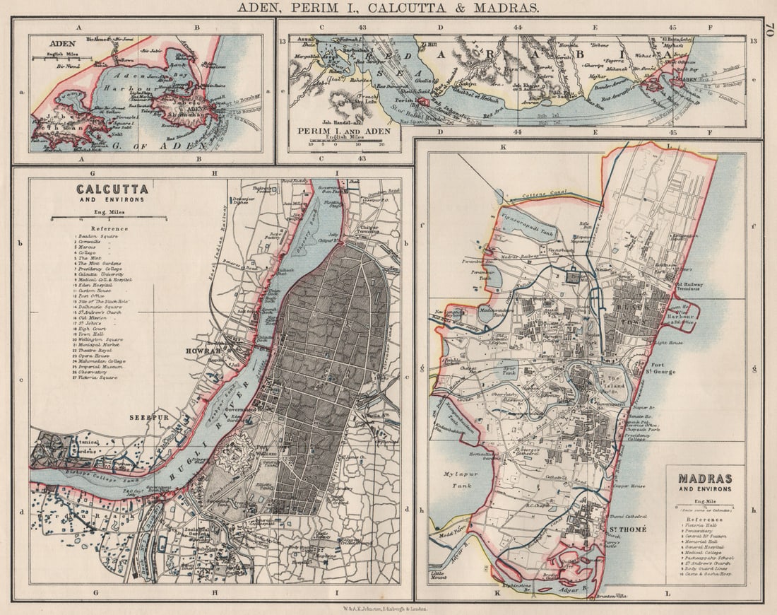 BRITISH INDIA CITIES.Calcutta & Madras plans. Also Aden/Perim.JOHNSTON 1900 map: Title: BRITISH INDIA CITIES.Calcutta & Madras plans. Also Aden/Perim.JOHNSTON 1900 map Description: Aden, Perim I., Calcutta & Madras'. W. & A.K. Johnston, Limited, Edinburgh & London. Published 1