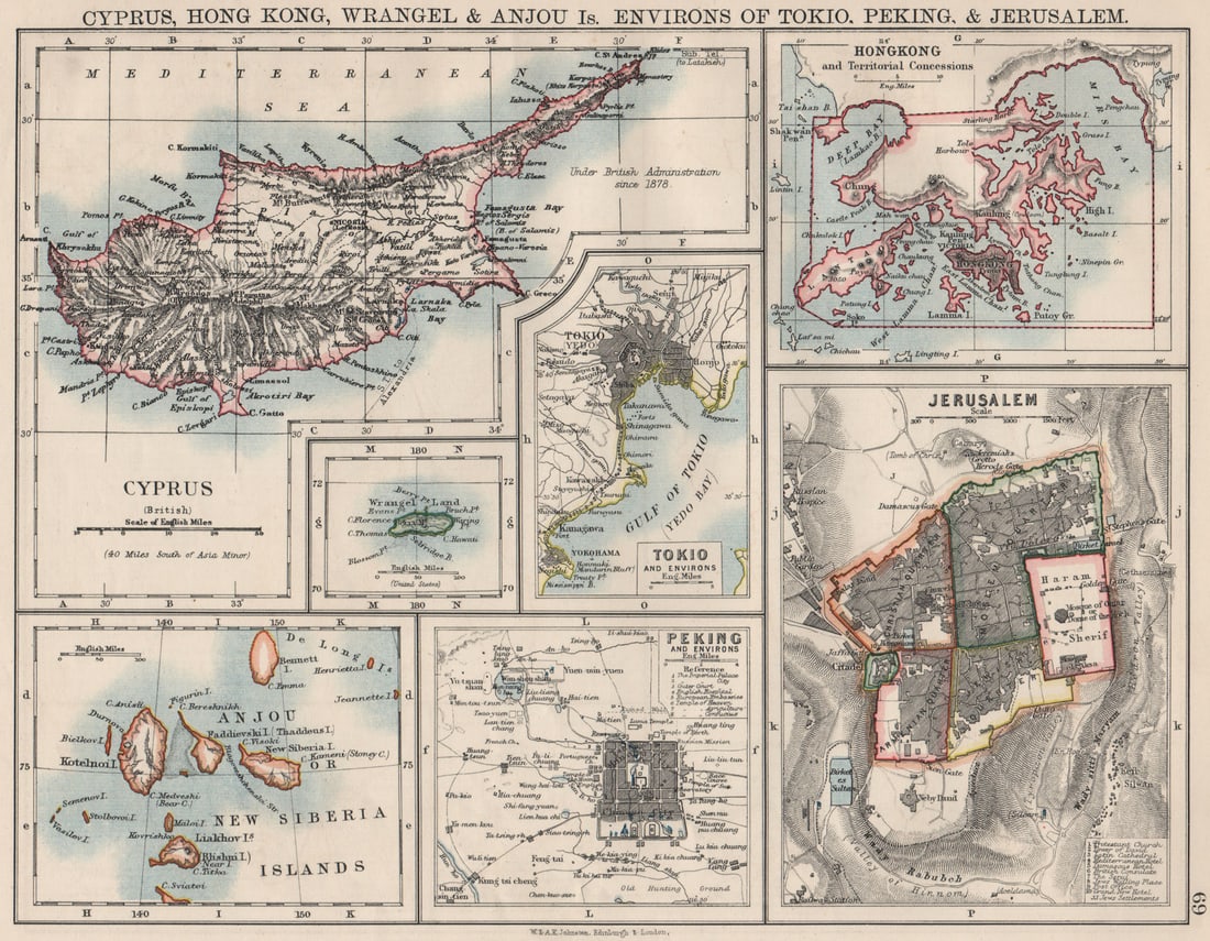CYPRUS HONG KONG TOKYO PEKING JERUSALEM. City plans. Anzhu islands 1900 map: Title: CYPRUS HONG KONG TOKYO PEKING JERUSALEM. City plans. Anzhu islands 1900 map Description: Cyprus, Hong Kong, Wrangel & Anjou Is. environs of Tokio, Peking & Jerusalem'. W. & A.K. Johnsto