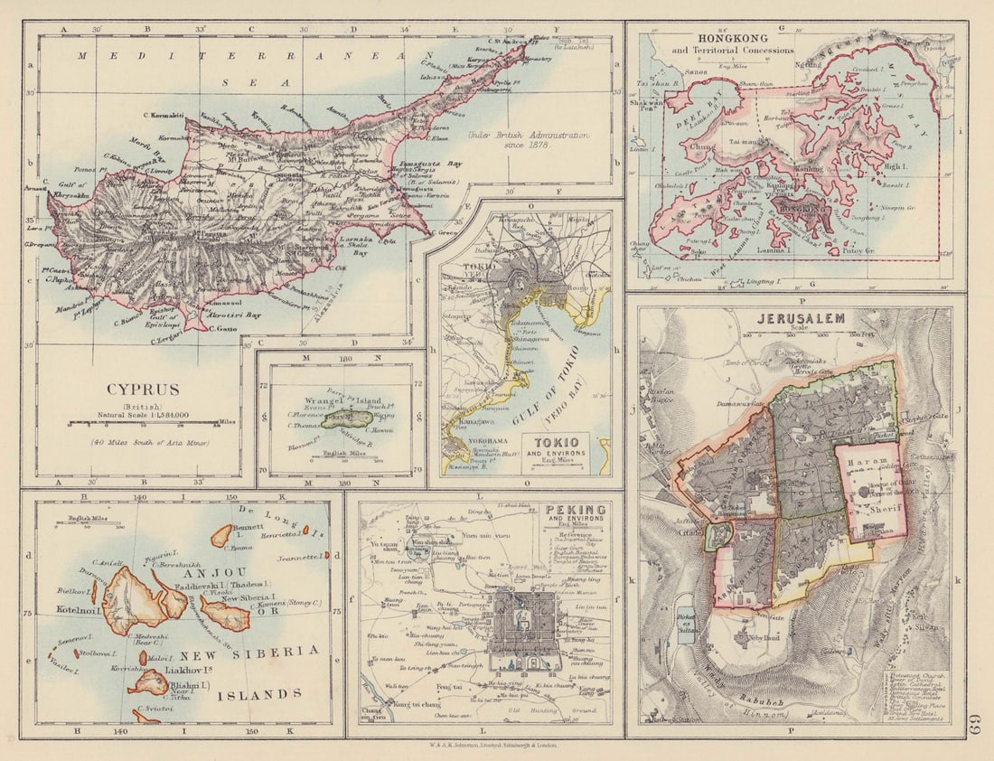 CYPRUS HONG KONG TOKYO PEKING JERUSALEM. City plans. Anzhu islands 1910 map: Title: CYPRUS HONG KONG TOKYO PEKING JERUSALEM. City plans. Anzhu islands 1910 map Description: Cyprus, Hong Kong, Wrangel and Anjou Islands, Tokio and environs, Peking and environs, and Jerusalem' by