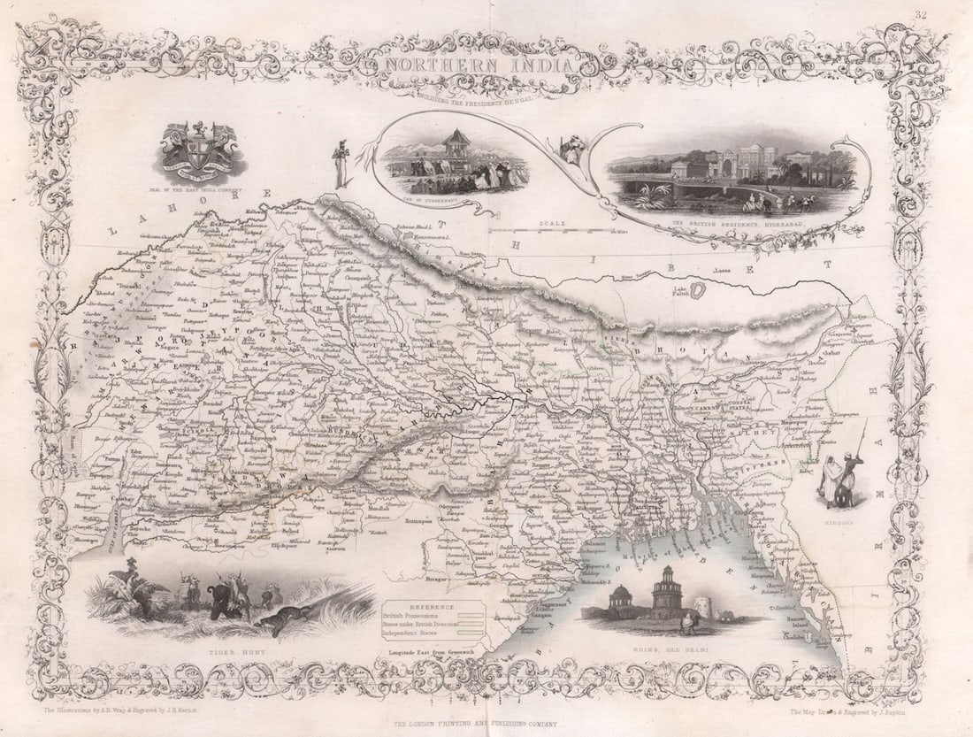 NORTHERN INDIA. British colonies. Nepal Bhutan Bengal. TALLIS/RAPKIN c1855 map: Title: NORTHERN INDIA. British colonies. Nepal Bhutan Bengal. TALLIS/RAPKIN c1855 map Description: Northern India'. Drawn & Engraved by J. Rapkin. Published c.1855. Antique hand coloured engraved map.