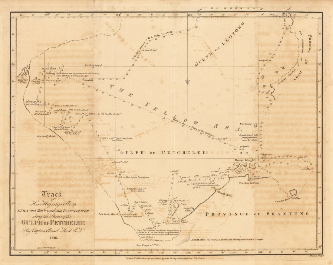 The Gulph of Pecheelee by Captn. Basil Hall. Bohai Sea, China 1818 old map: Title: The Gulph of Pecheelee by Captn. Basil Hall. Bohai Sea, China 1818 old map Description: Track of His Majesty's Sloop Lyra and Honble. Comps. Ship Investigator along the shores of the Gulph of P