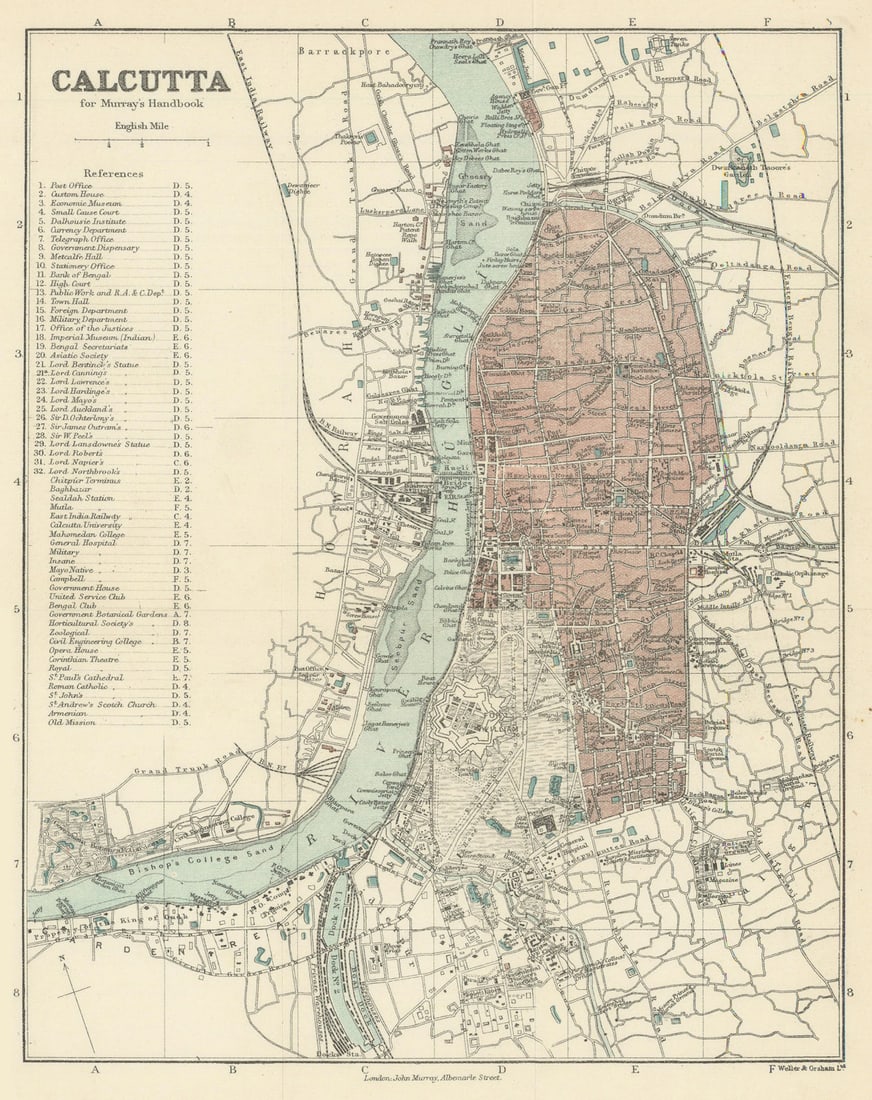 BRITISH INDIA. Calcutta (Kolkata) city plan. Fort William. Residences 1905 map: Title: BRITISH INDIA. Calcutta (Kolkata) city plan. Fort William. Residences 1905 map Description: Calcutta' by Murray, John. Published 1905. Colour antique map. Size 28 x 22 cm | 11.0 x 8.5 inches. C