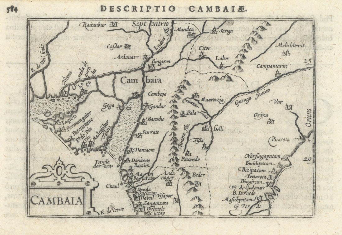 Cambaiae / Cambaia by Bertius / Langenes. Gujarat, India 1603 old antique map: Title: Cambaiae / Cambaia by Bertius / Langenes. Gujarat, India 1603 old antique map Description: Descriptio Cambaiae / Cambaia [Gujarat, India]. Drawn by Petrus Bertius, from his Latin edition of Bar