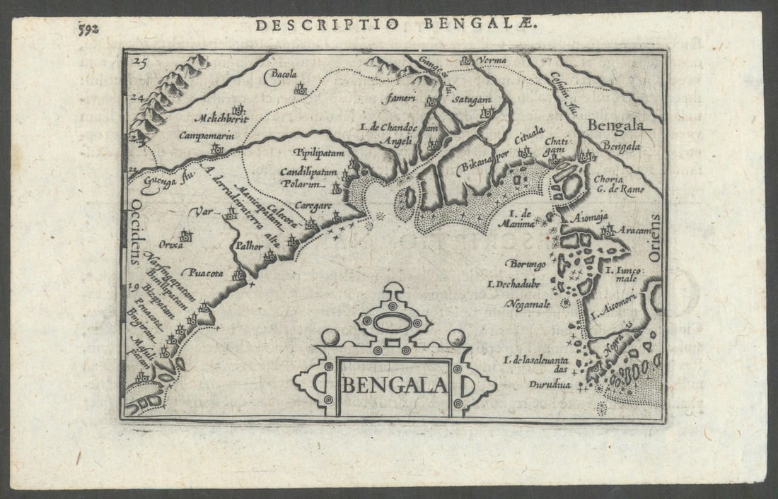 Bengalae / Bengala by Bertius / Langenes. Bay of Bengal. Bangladesh 1603 map: Title: Bengalae / Bengala by Bertius / Langenes. Bay of Bengal. Bangladesh 1603 map Description: Descriptio Bengalae / Bengala [The Bay of Bengal]. Drawn by Petrus Bertius, from his Latin edition of B