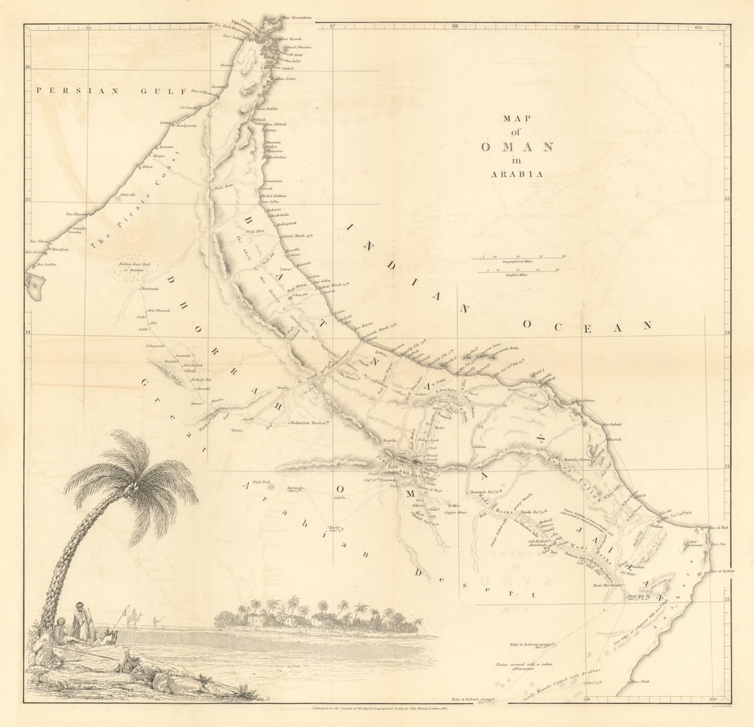 A Map of Oman in Arabia, to illustrate the journey of James Wellsted. RGS 1837: Title: A Map of Oman in Arabia, to illustrate the journey of James Wellsted. RGS 1837 Description: A Map of Oman in Arabia'. "A Map of Oman in Arabia" is the first modern map of Oman based on actual o