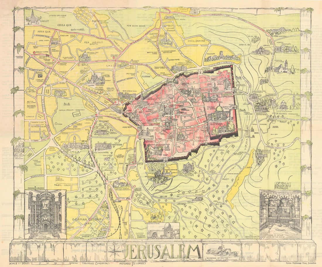 Guide map of Jerusalem. WW2/British Mandate era pictorial city plan. GAUER c1940: Title: Guide map of Jerusalem. WW2/British Mandate era pictorial city plan. GAUER c1940 Description: Guide-Map of Jerusalem'. Bernhard Gauer, Jerusalem & Dusseldorf. Published c1940 - The map is undat