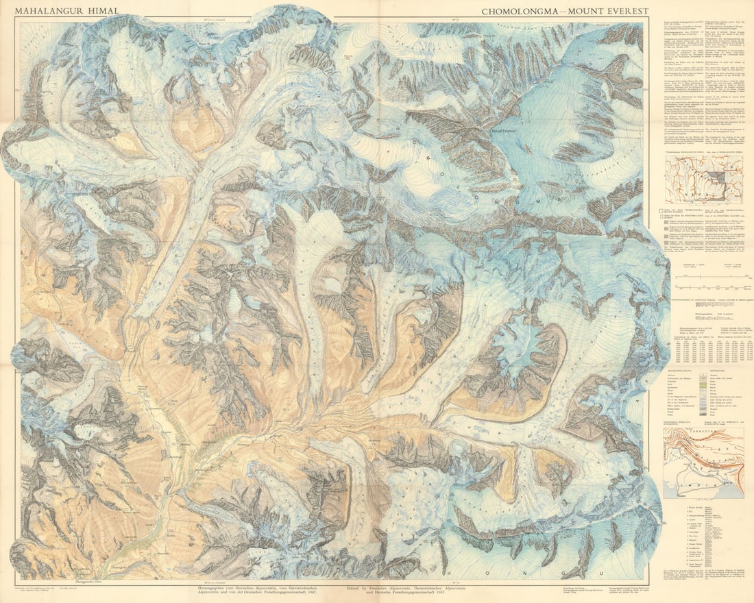 Map of Mount Everest by Erwin Schneider. Mahalangur Himal - Chomolongma 1957: Title: Map of Mount Everest by Erwin Schneider. Mahalangur Himal - Chomolongma 1957 Description: Mahalangur Himal - Chomolongma - Mount Everest'. A fine example of Schneider's important topographic ma