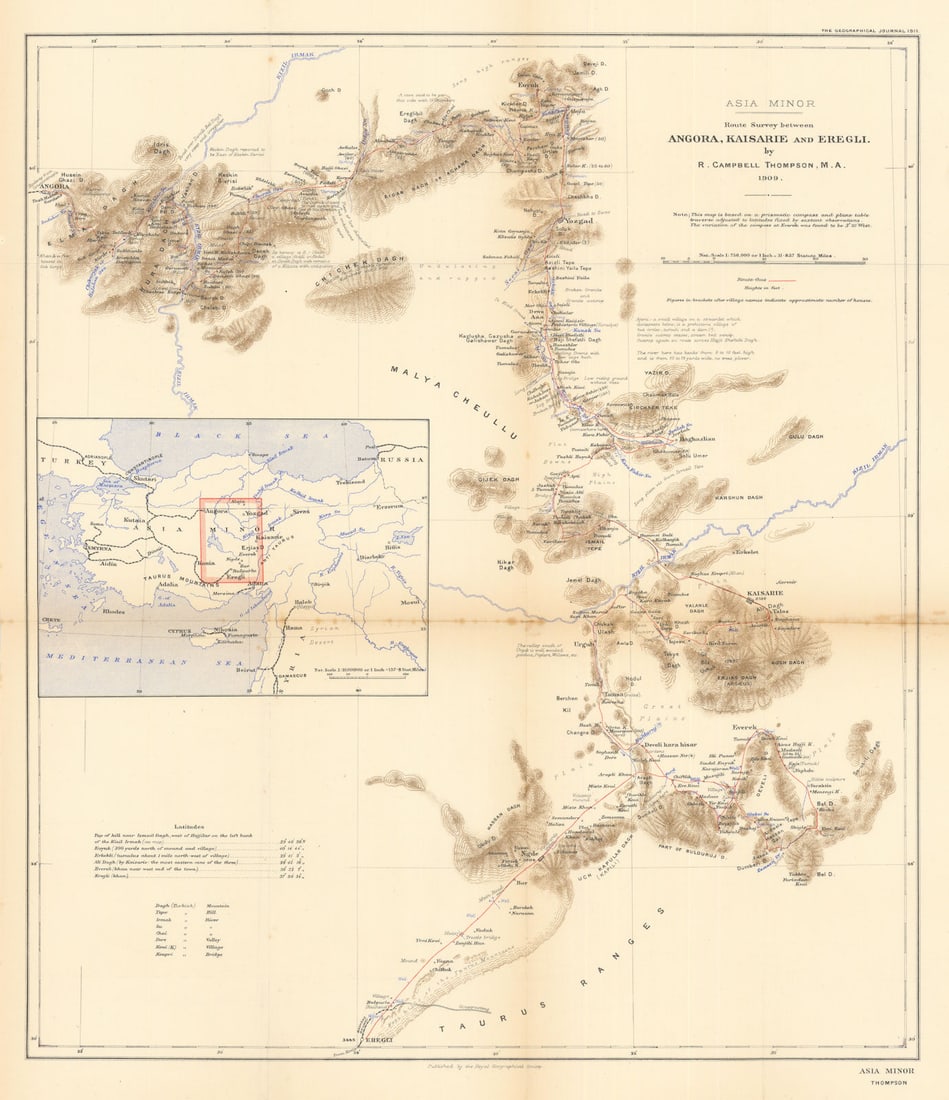 Asia Minor. Central Turkey survey by RC Thompson 1909. Turkey. RGS 1911 map: Title: Asia Minor. Central Turkey survey by RC Thompson 1909. Turkey. RGS 1911 map Description: Asia Minor. Route survey between Angora, Kaisarie, and Eregli by R. Campbell Thompson, M.A., 1909 [Ankar