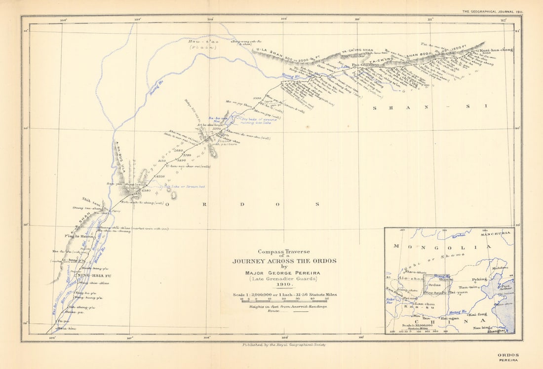 A journey across the Ordos by Major George Pereira 1910. China. RGS 1911 map (1 of 1)