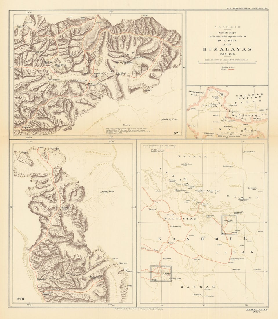 Kashmir. The Himalayan explorations of Arthur Neve 1896-1910. RGS 1911 old map: Title: Kashmir. The Himalayan explorations of Arthur Neve 1896-1910. RGS 1911 old map Description: Kashmir. Sketch maps to illustrate the explorations of Dr A. Neve in the Himalayas, 1896-1910'. Arthu
