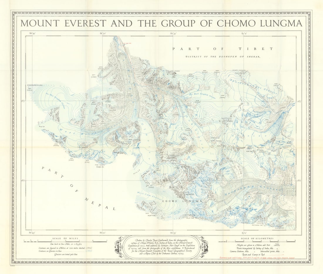 Mount Everest and the Group of Chomo Lungma. 1933 Expedition map 1934 old: Title: Mount Everest and the Group of Chomo Lungma. 1933 Expedition map 1934 old Description: Mount Everest and the Group of Chomo Lungma'. A fine map of the 1933 British Mount Everest expedition, the