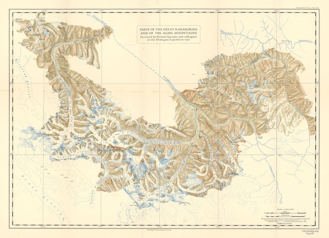 Karakoram & Aghil Range. Shaksgam Expedition 1937 K2 Pakistan China RGS 1938 map: Title: Karakoram & Aghil Range. Shaksgam Expedition 1937 K2 Pakistan China RGS 1938 map Description: Parts of the Great Karakoram and of the Aghil Mountains surveyed by Michael Spender and colleagues 
